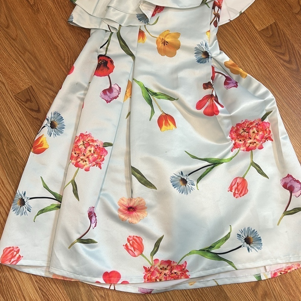 True Violet Sateen Garden floral powder blue Ruffled One Shoulder Sundress 10 - Picture 11 of 12